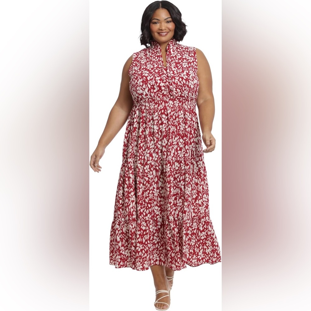 London Times Red and White Floral Midi Dress